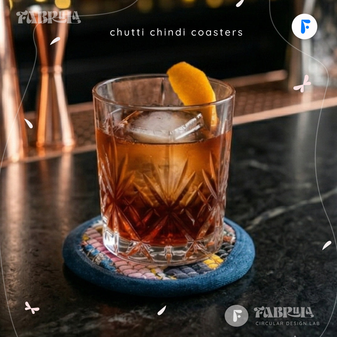Chutti Chindi Coasters — Handwoven Textile Waste + Upcycled Denim | Artisan Coasters | Eco Home Decor | Made in India
