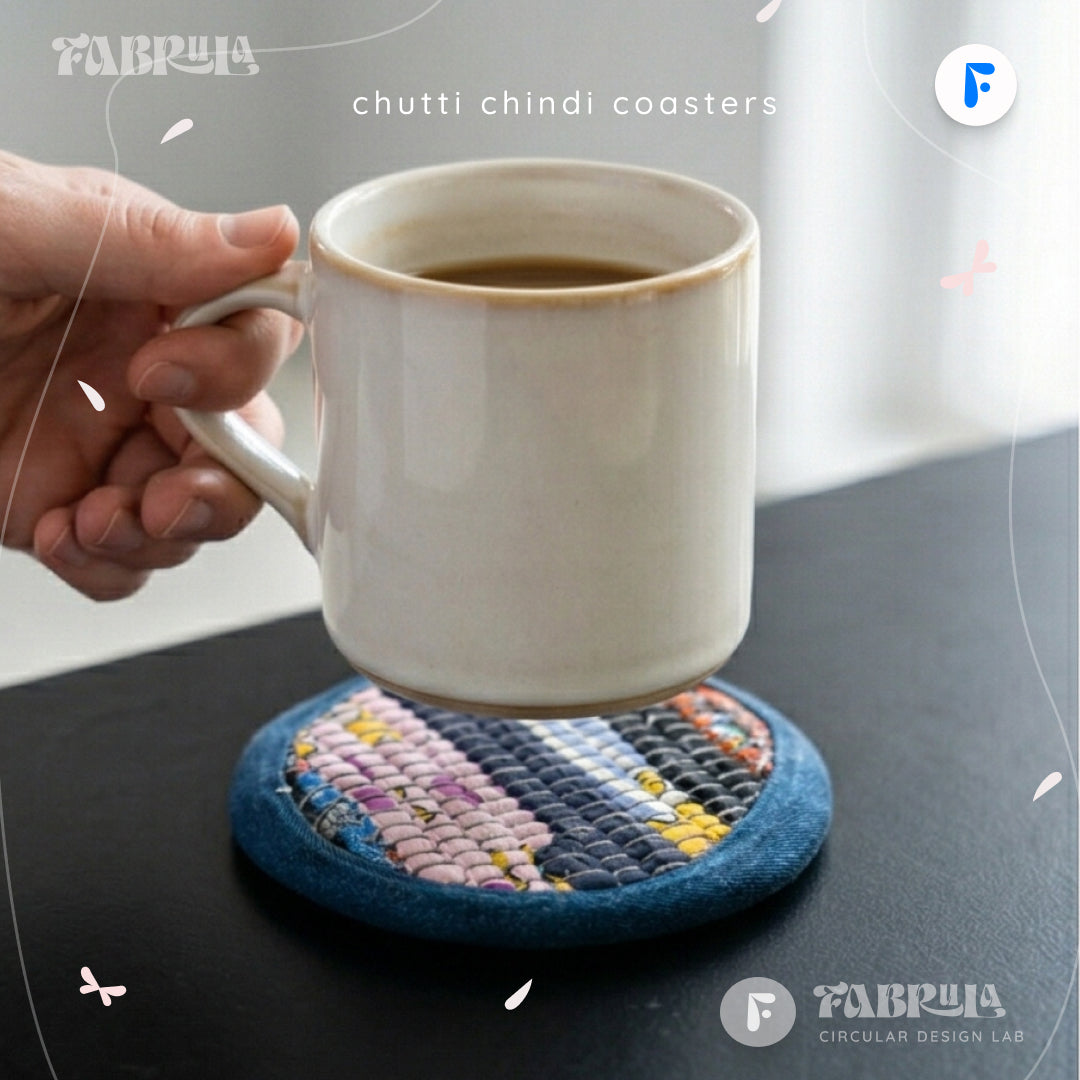Chutti Chindi Coasters — Handwoven Textile Waste + Upcycled Denim | Artisan Coasters | Eco Home Decor | Made in India