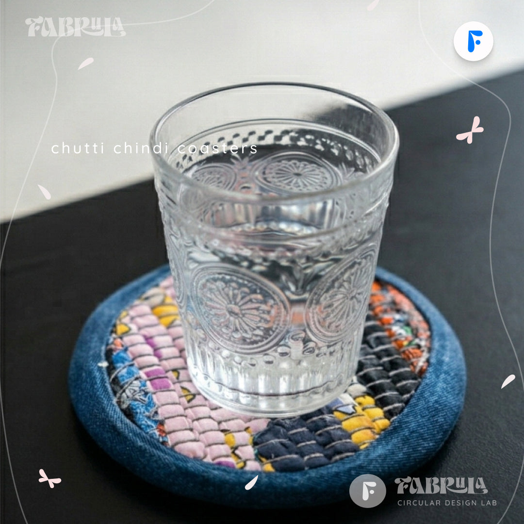 Chutti Chindi Coasters — Handwoven Textile Waste + Upcycled Denim | Artisan Coasters | Eco Home Decor | Made in India